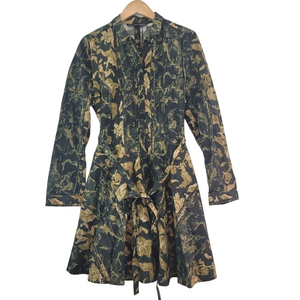 GARYGraham422 Womens Size L Army Floral Long Sleeve Dress Button Front Tie Back